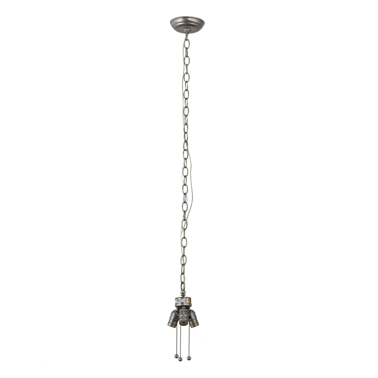 Full view of the Nickel 3-Light Pendant Hardware with adjustable chain and socket assembly.