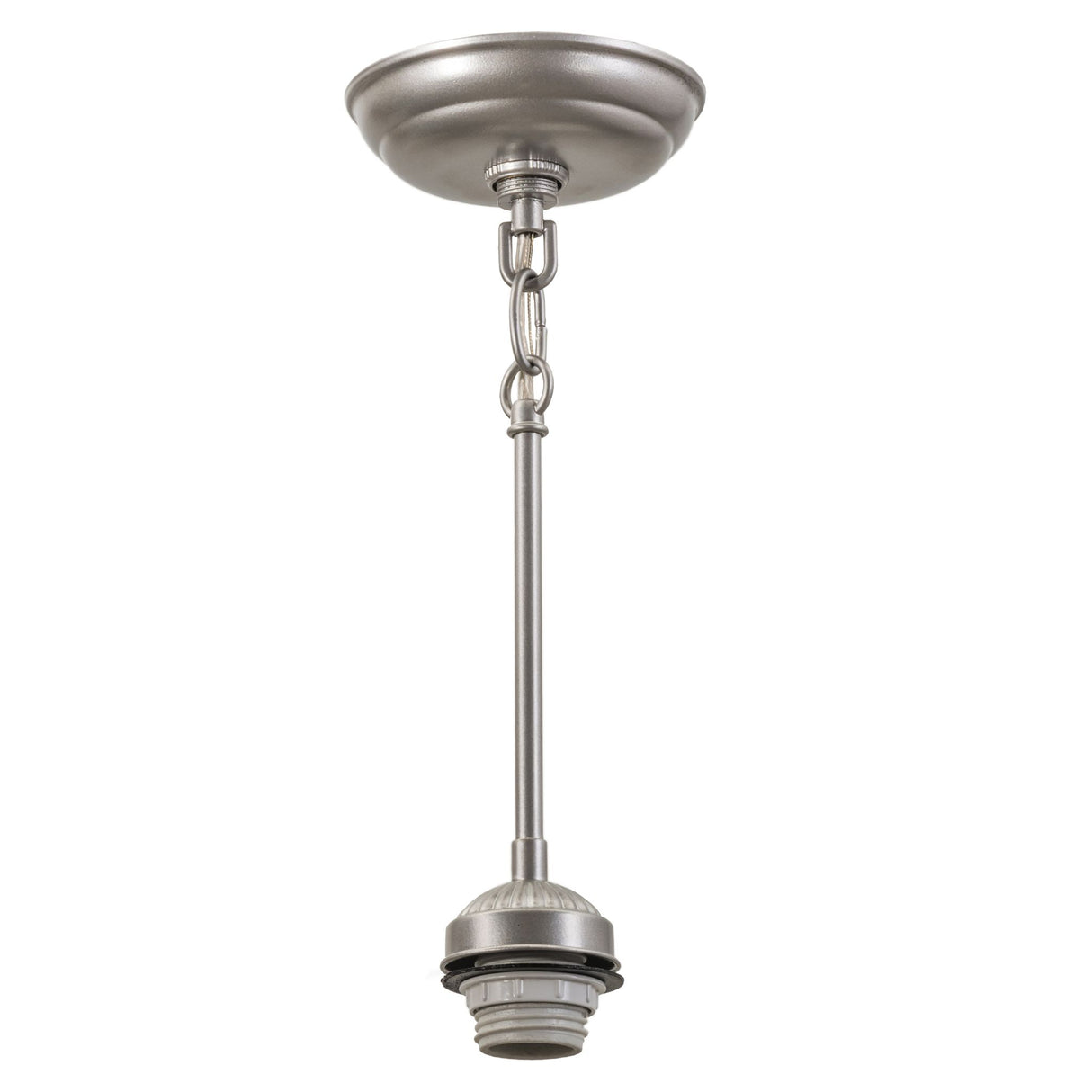 Nickel-finished pendant hardware with an adjustable rod system for customized lighting.