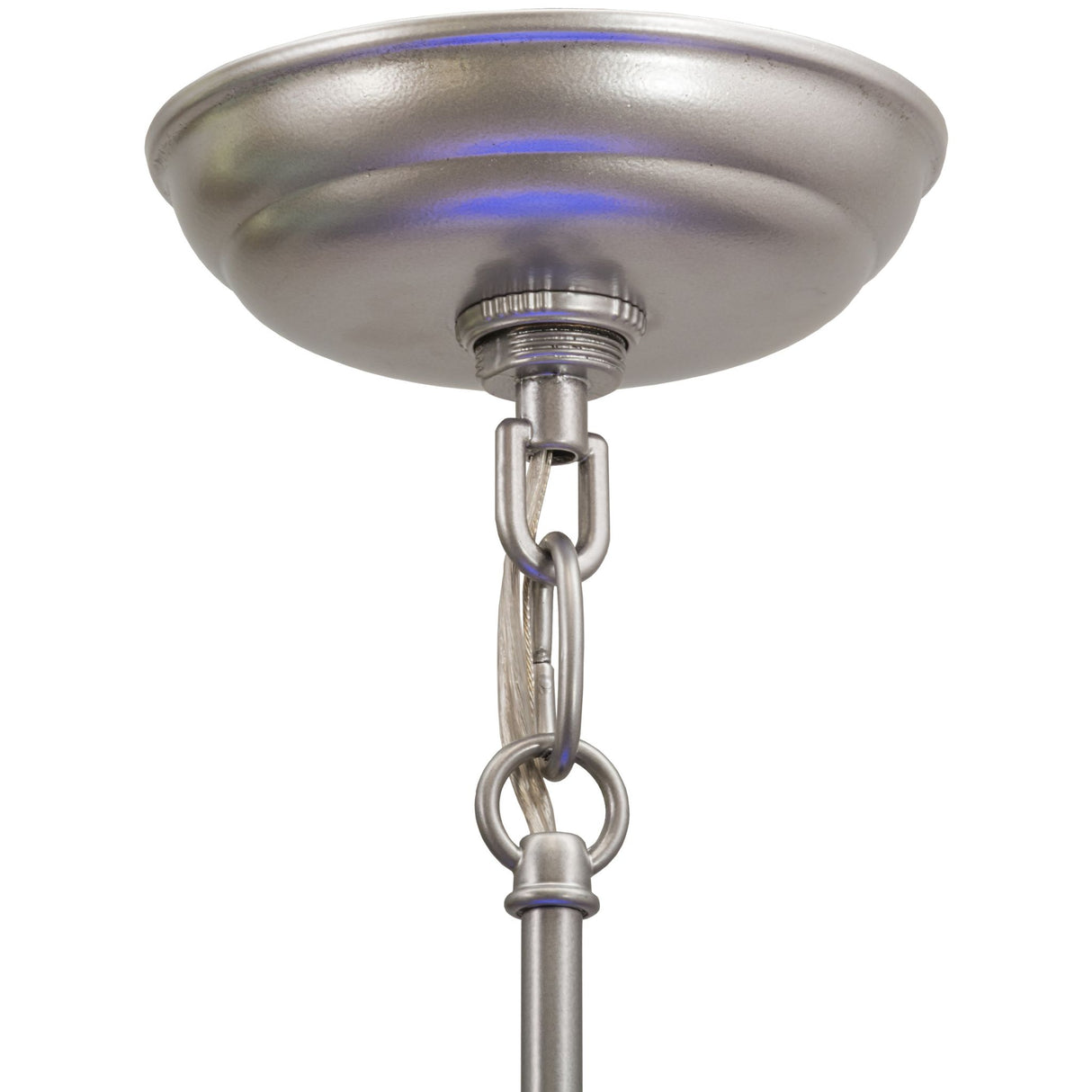 Close-up of the ceiling mount and chain detail of the nickel pendant hardware.