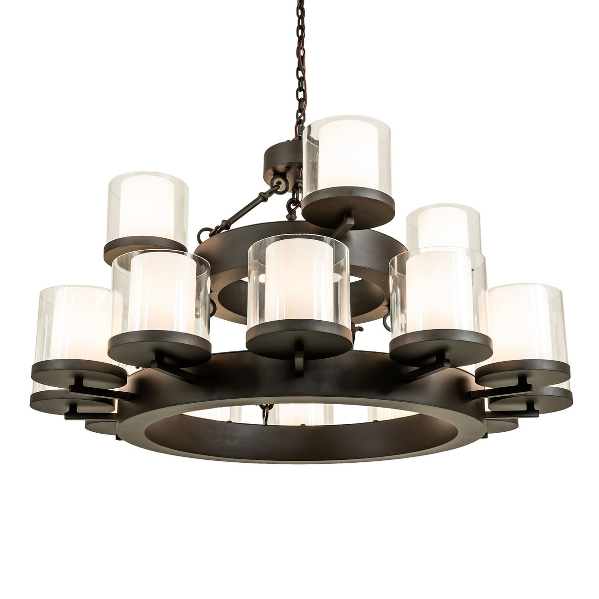 Lit view of Noziroh ring chandelier with sixteen lights in oil rubbed bronze finish.