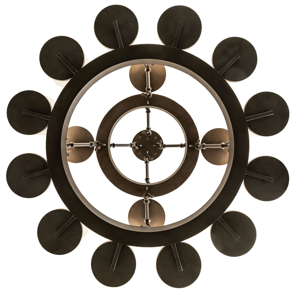 Underside view showing circular ring alignment and bobeche-mounted lights.