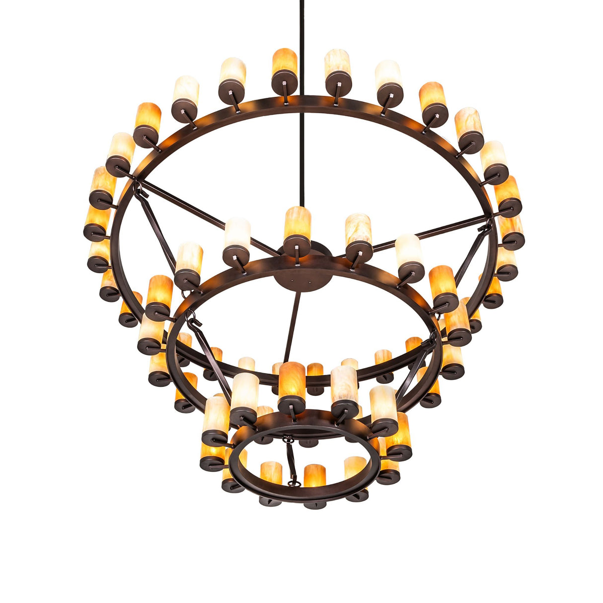 Bottom angle view of ring chandelier emphasizing layered rings and glass cylinders.