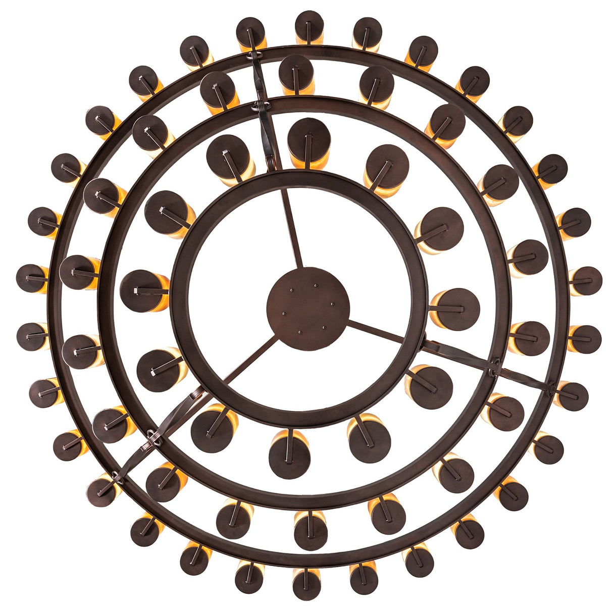 Bottom view of chandelier revealing circular ring layout and light distribution.
