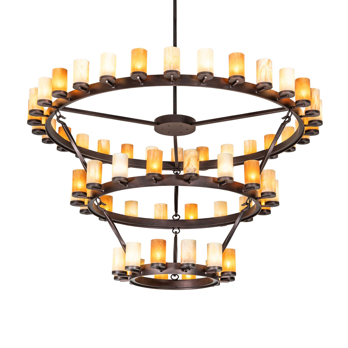 Lit view of three-tier ring chandelier featuring amber-toned cylindrical glass shades.