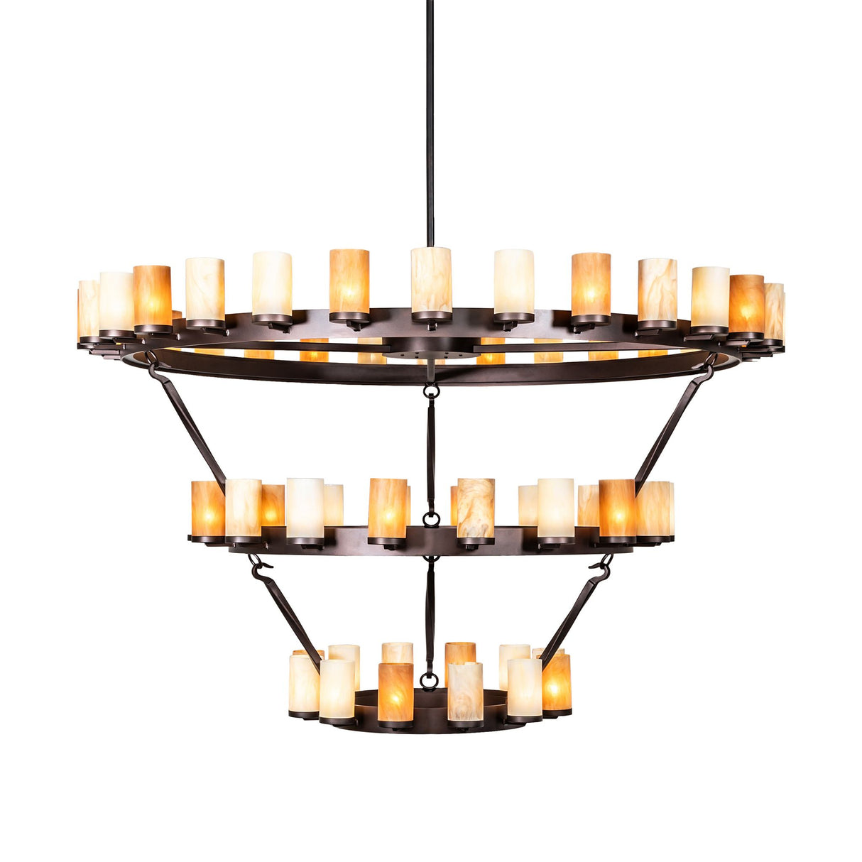 Side view of three-tier ring chandelier showing tiered suspension design.