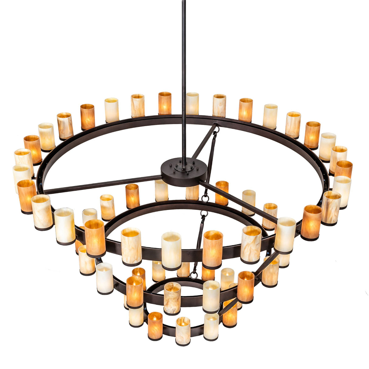 Top angle view of chandelier highlighting concentric metal rings and glass shades.