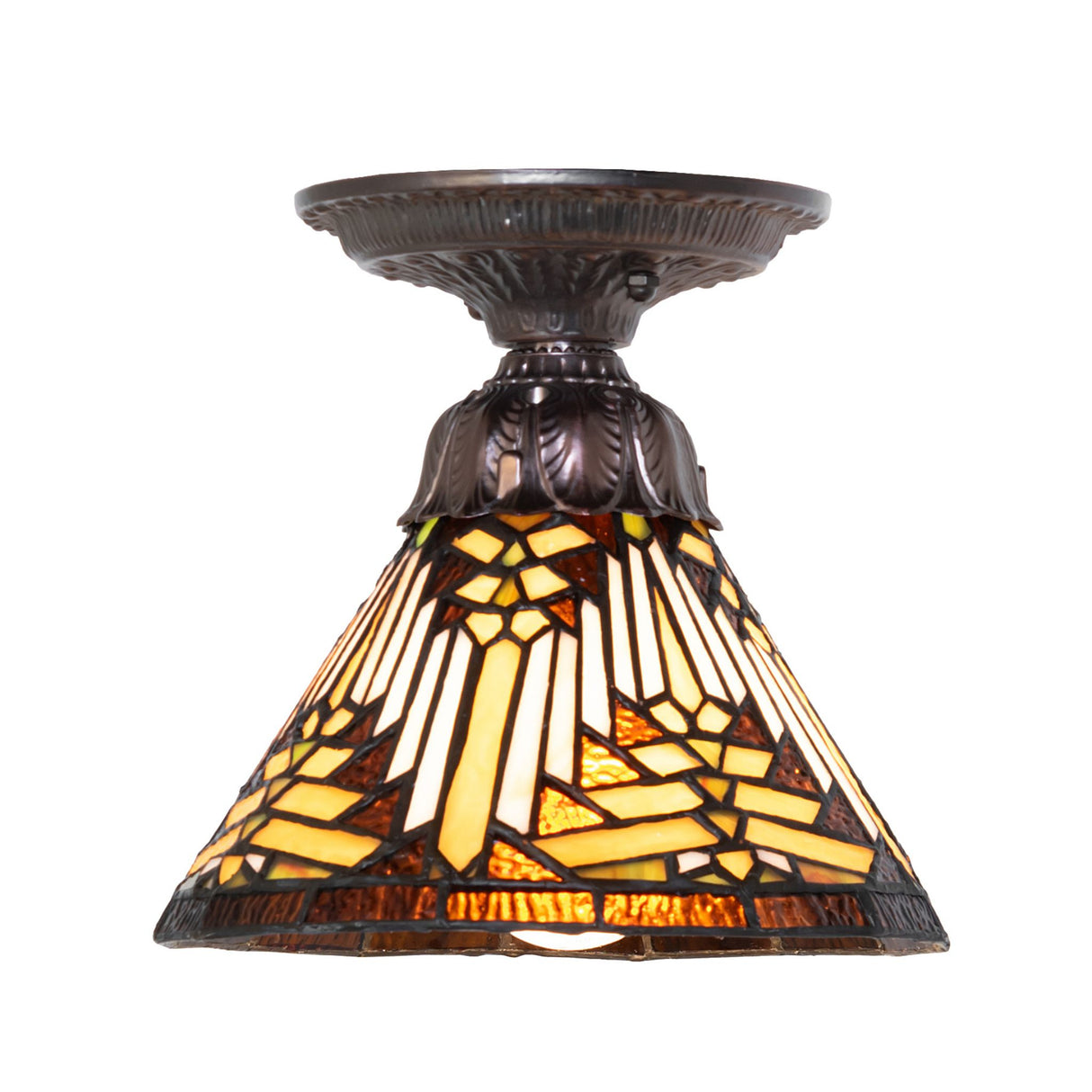 front view of nuevo mission flushmount with stained glass shade.