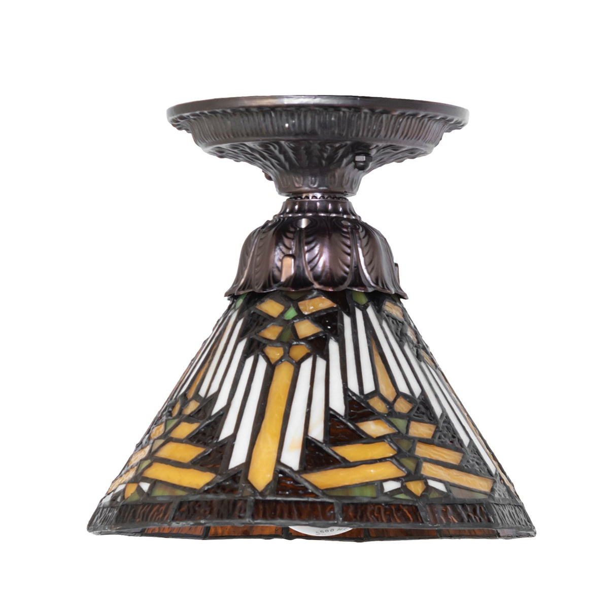 nuevo mission flushmount with lights off, showing intricate glass design.