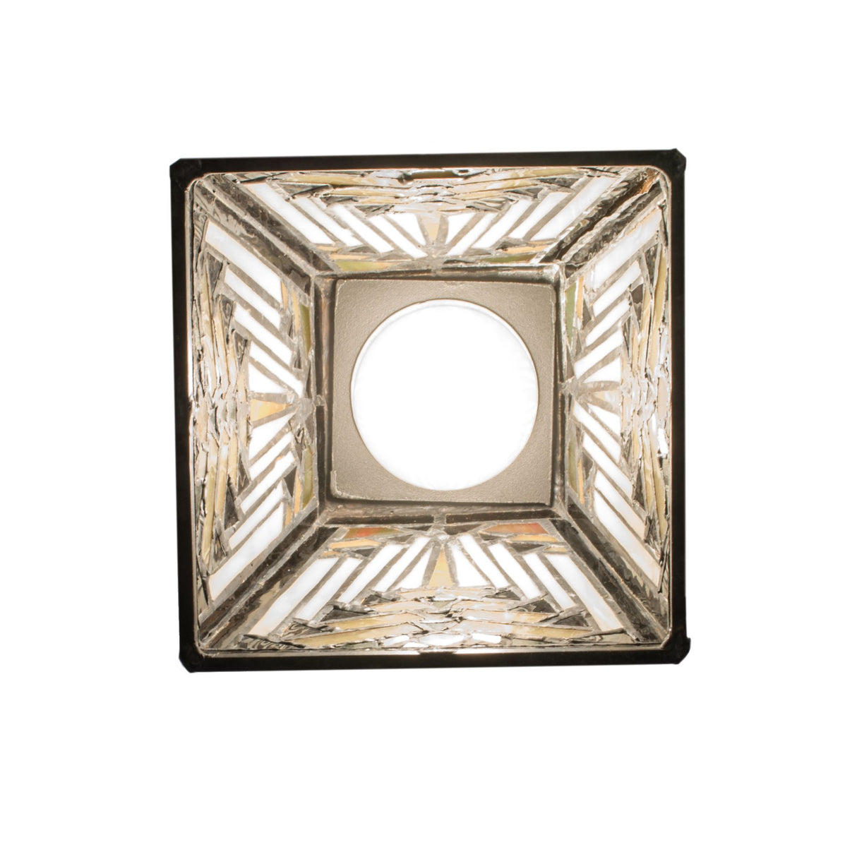 Bottom view showing stained glass patterns of Nuevo Mission pendant.