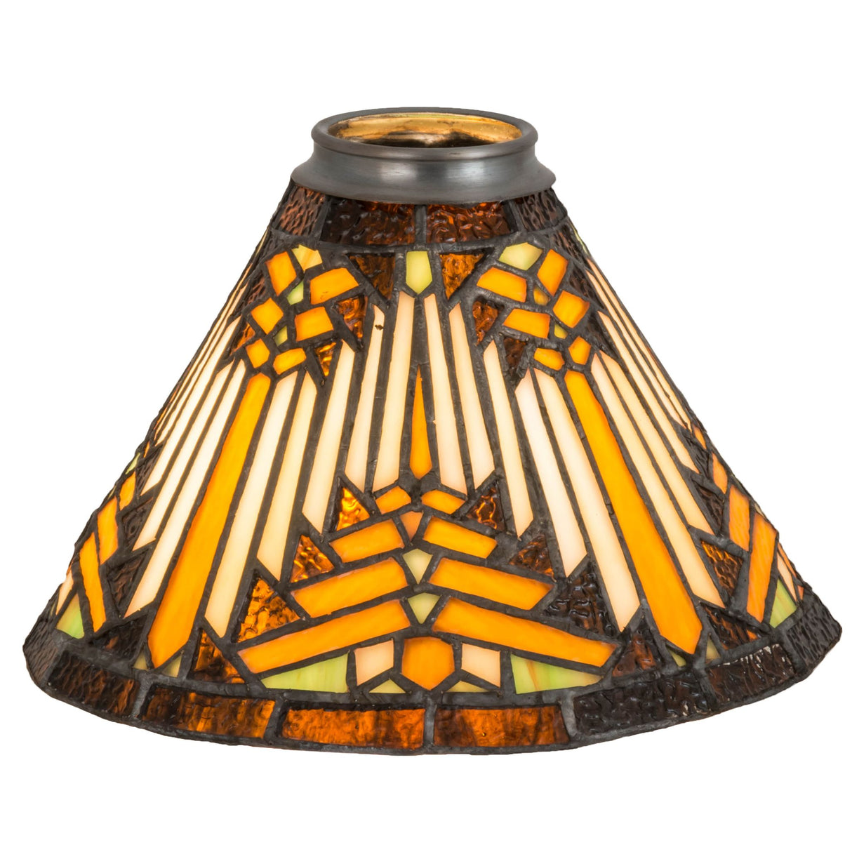 Lit front view of the 8-inch Wide Nuevo Mission Shade featuring interlocking Sand tone Beige tiles.