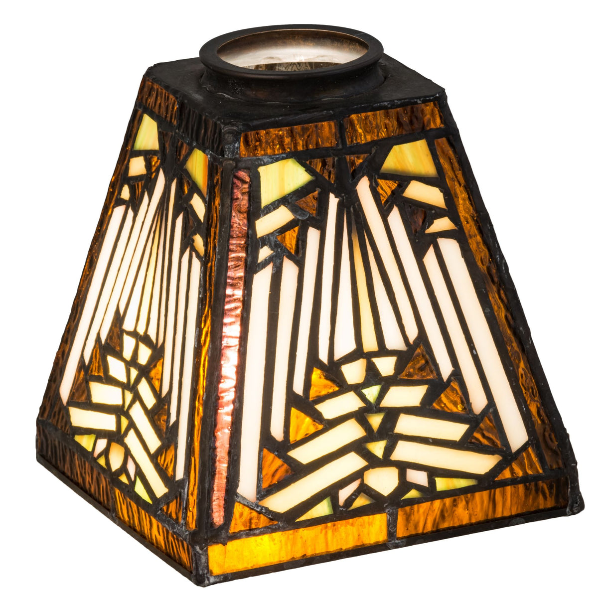 5" square Nuevo Mission Illuminated shade with warm amber and stained glass accents.