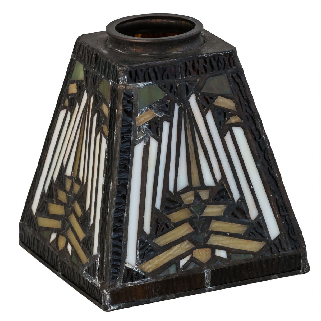 Unlit view of the 5" square Nuevo Mission shade showcasing geometric stained glass patterns.