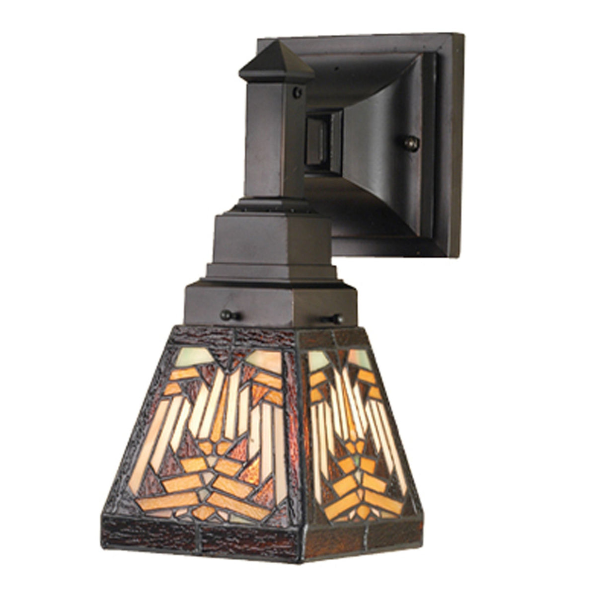 5" wide Nuevo Mission wall sconce with intricate stained glass shade and mahogany bronze hardware.