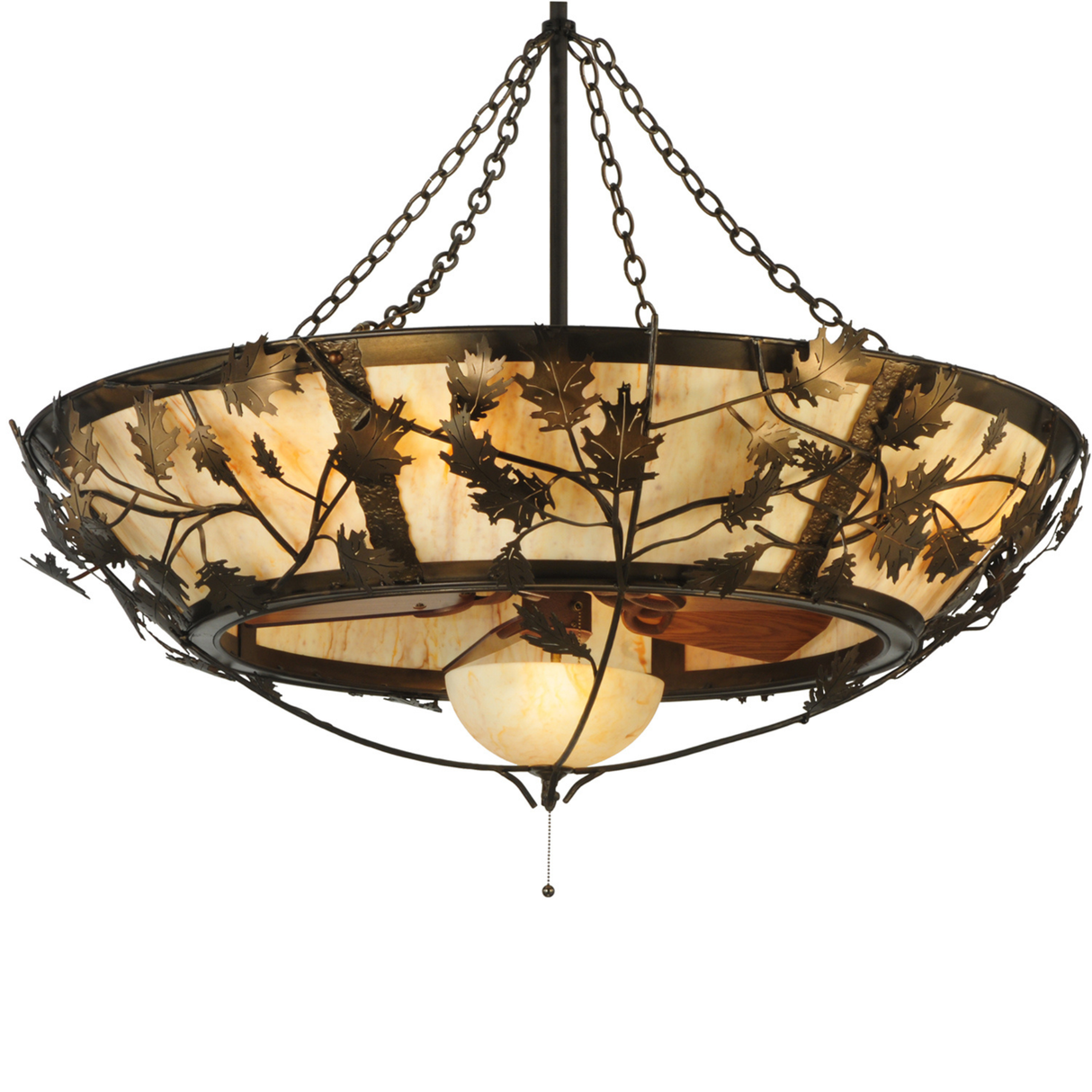 Slight lower angle showing oak leaf motifs and center dome light.