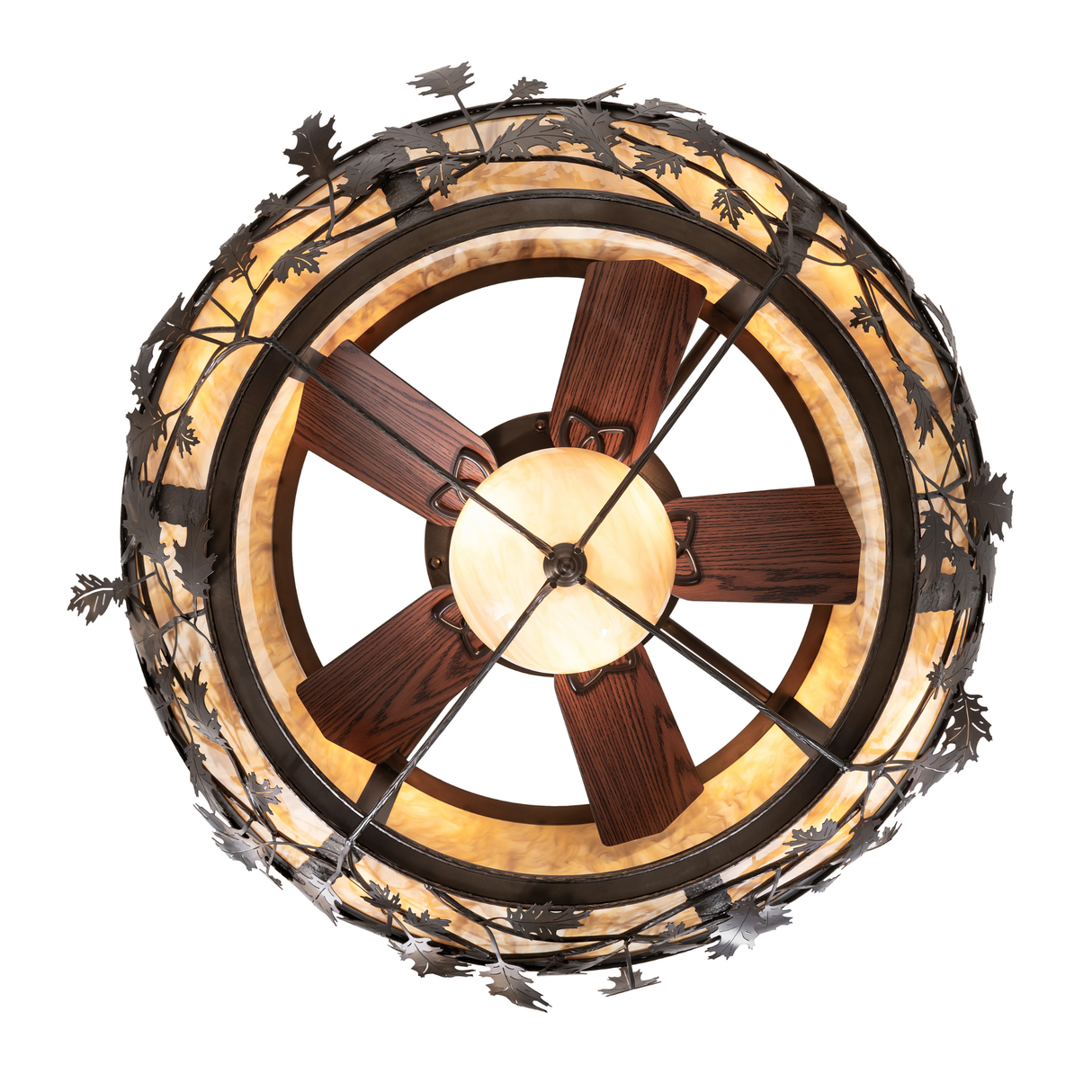 Bottom view of Oak Branch chandelier fan showing wooden blades.