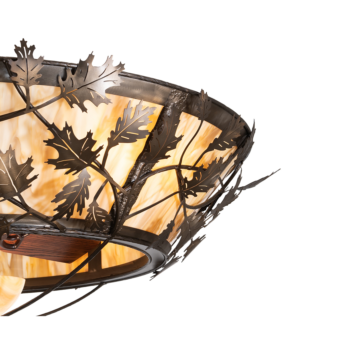 Close-up of Oak Branch chandelier showing leaf design and metal texture.