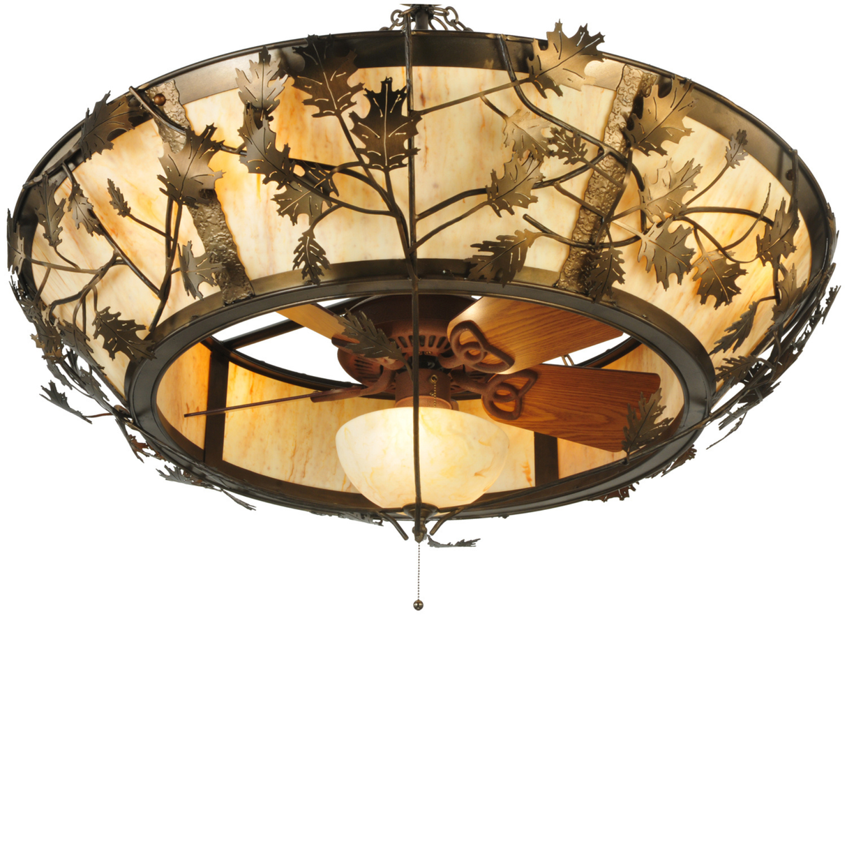 Angled view showing wood fan blades through decorative frame.