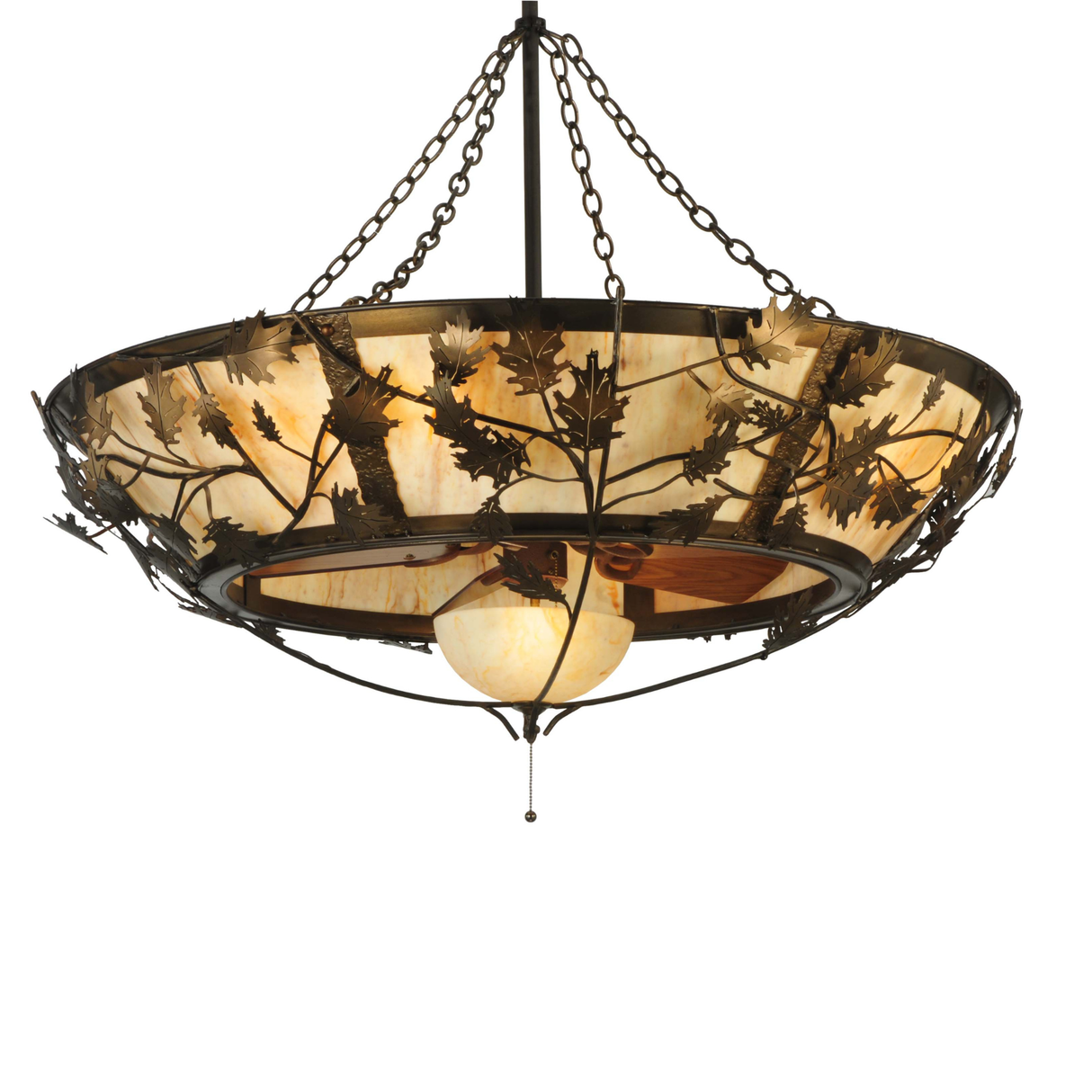 Oak Branch Chandel-Air front view lit showing oak leaf metal design.