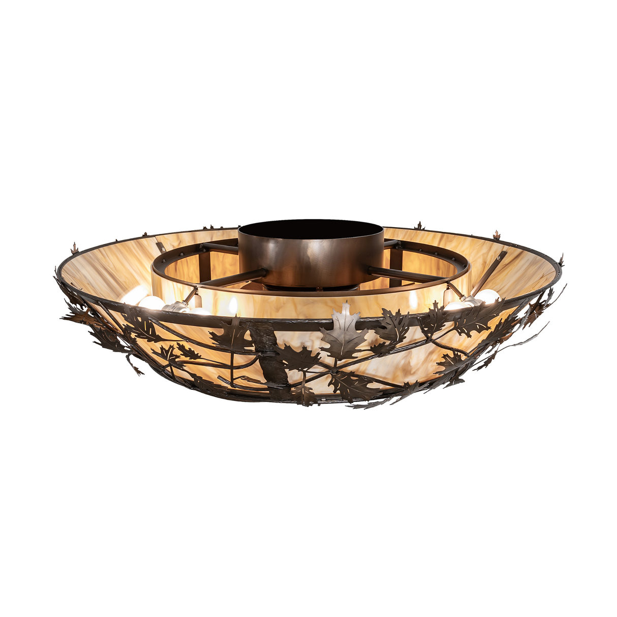 Top angled view of Oak Branch chandelier fan with lighted interior.