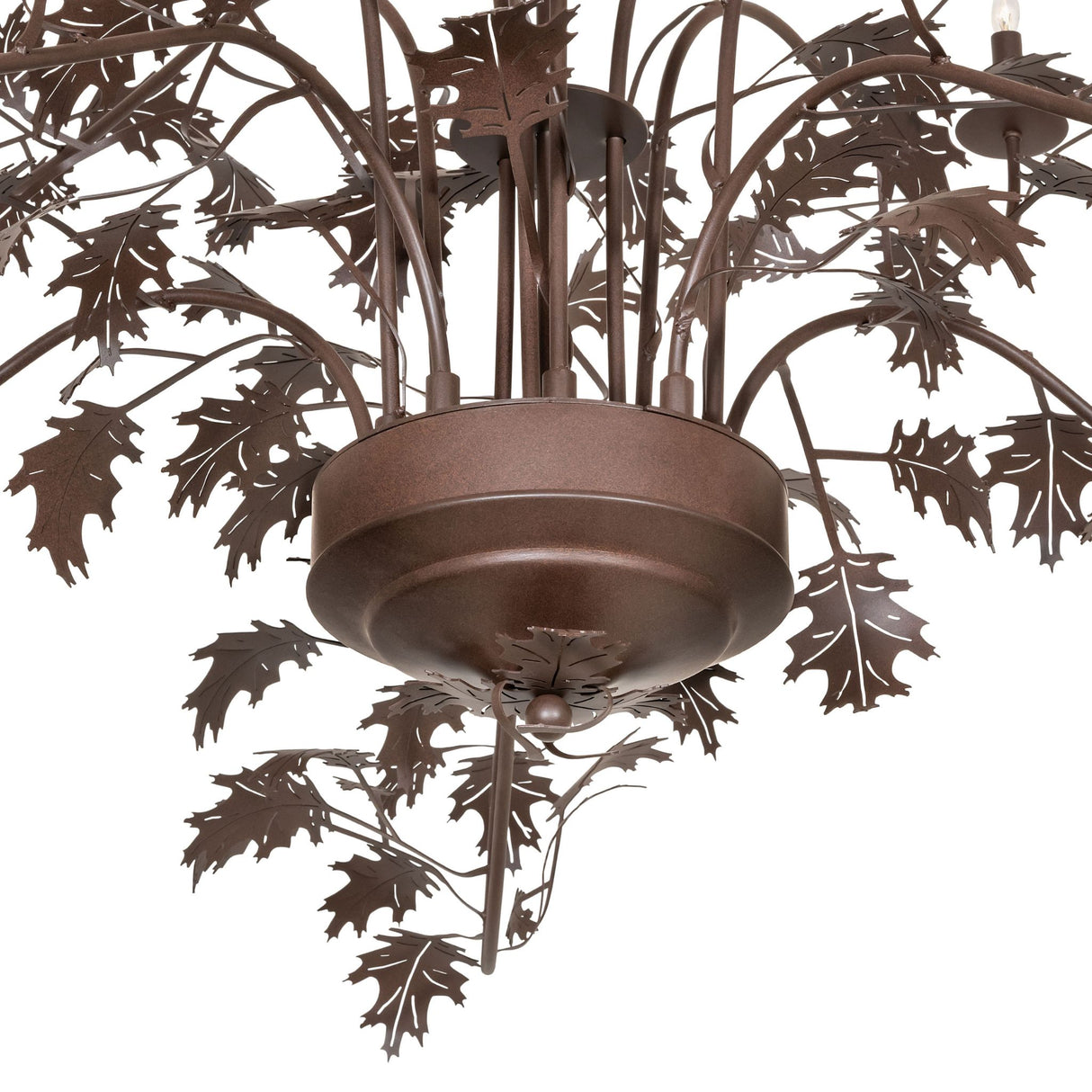 Bottom detail of chandelier showing sculpted oak leaf accents and Cafe Noir metal finish.