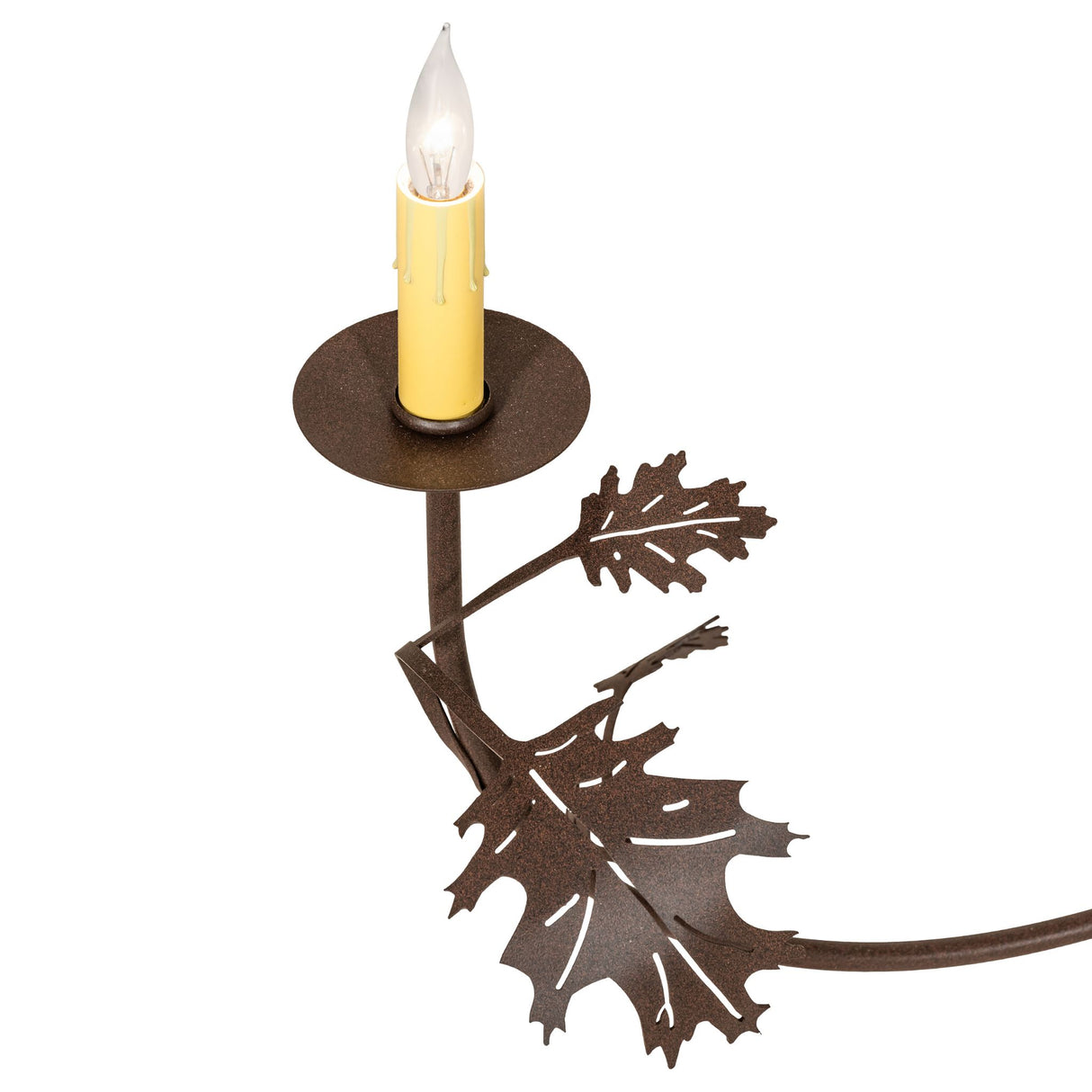 Detailed view of candle holder and leaf accents on chandelier arm.