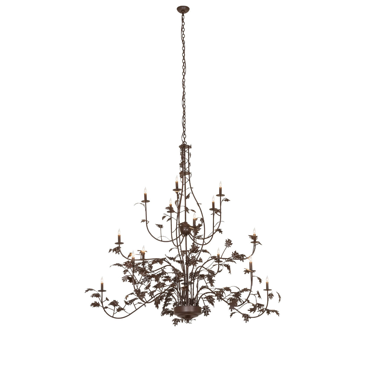 Full view of chandelier with sculpted oak leaves and branching metal arms.