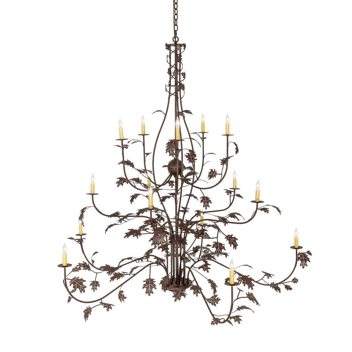 Side view of the oak leaf 15 light chandelier with leaf and candle pattern.
