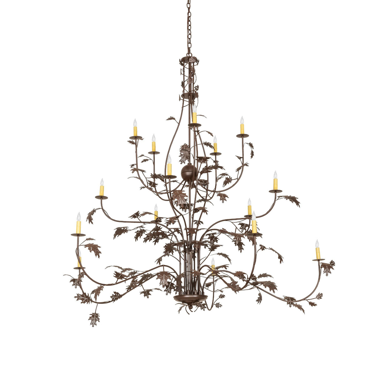 Unlit view of oak leaf 15 light chandelier showing arms and leaf's.