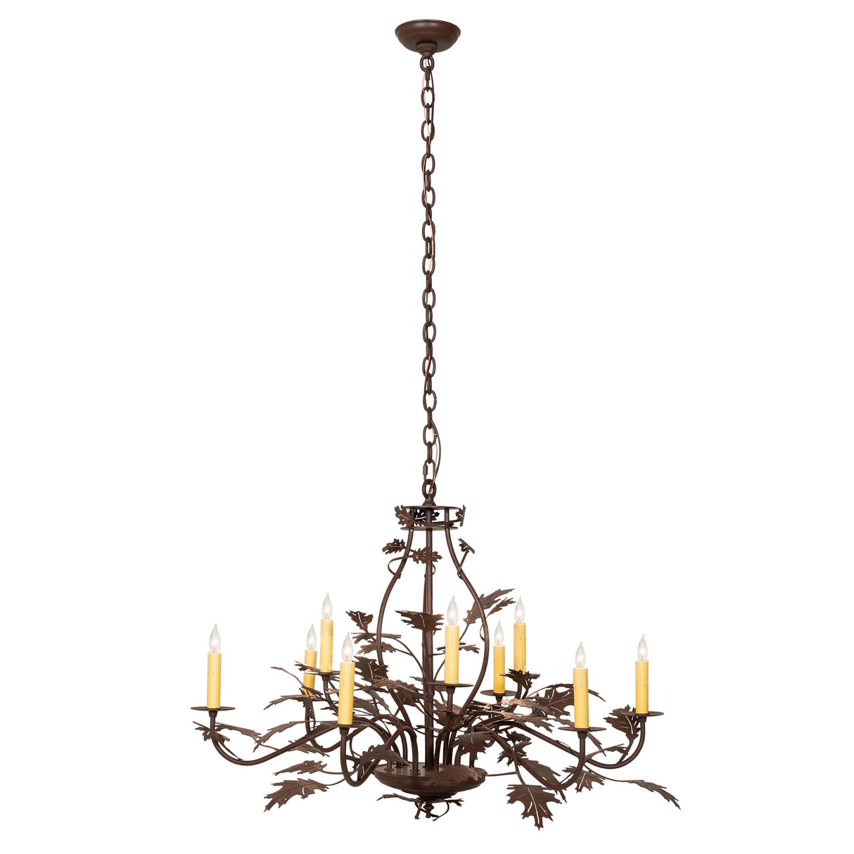 Full height chandelier view with chain and oak leaf lighting.