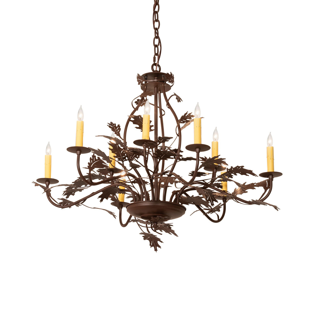 Lit view of the oak leaf 9 light chandelier glowing warmly.
