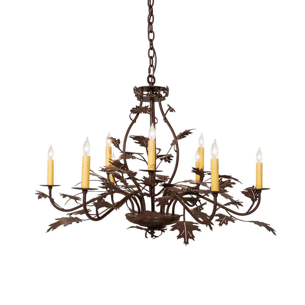 Side view of the oak leaf chandelier showing candle arms and leaf detail.