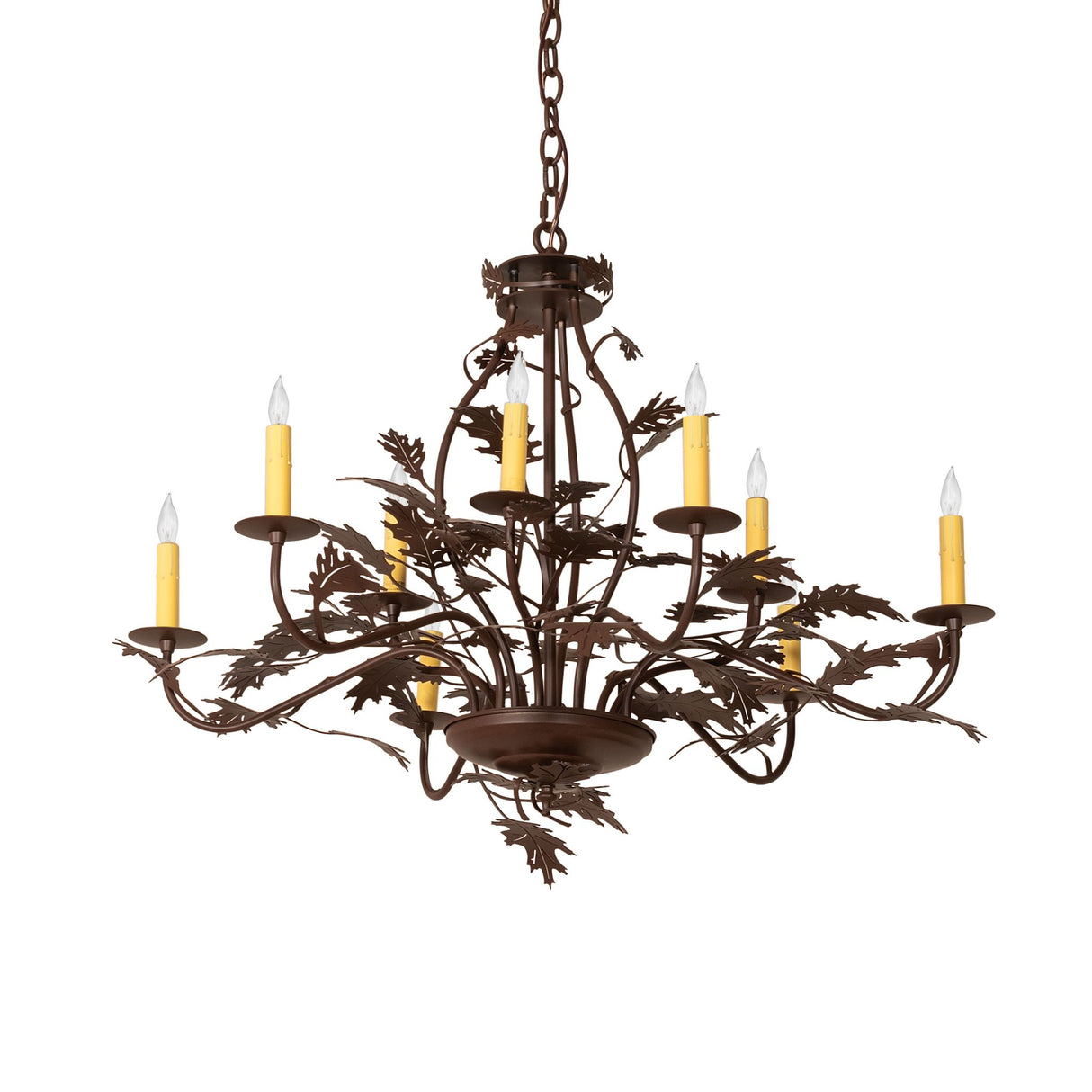 Unlit view of oak leaf 9 light chandelier showing metal leaf design.