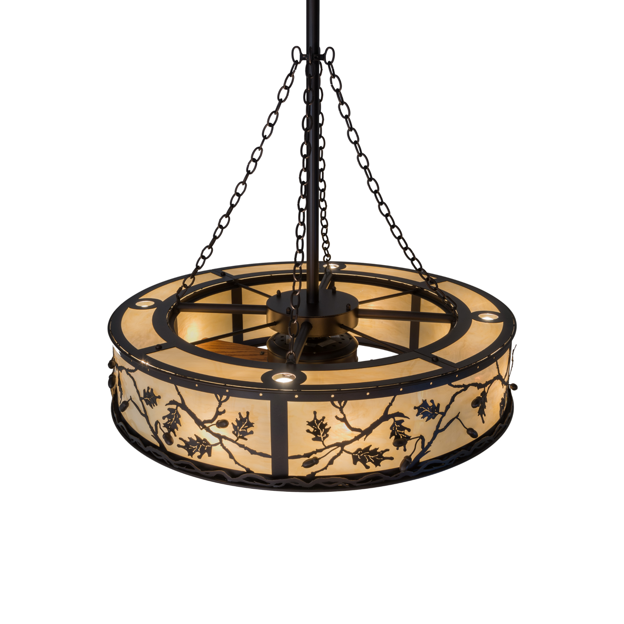 View showing chain suspension and warm diffuser glow.
