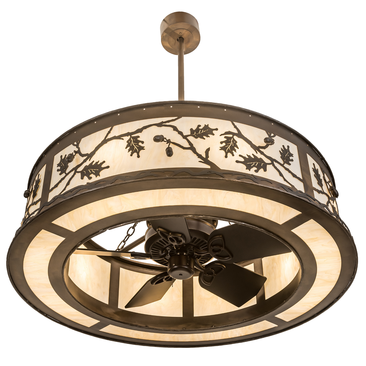 Bottom angled view of Oak Leaf & Acorn Chandel-Air with built-in fan.