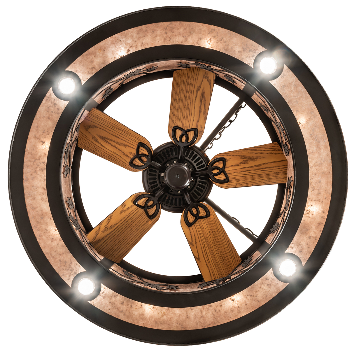 Bottom lit view displaying wooden fan blades and leaf pattern.