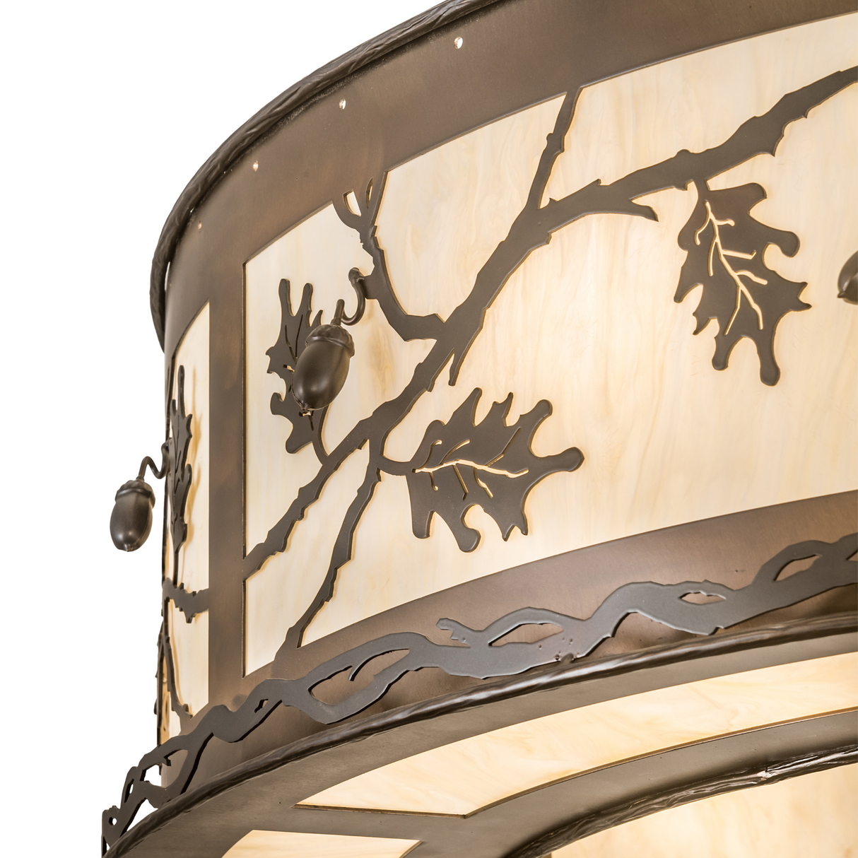 Close-up of Oak Leaf & Acorn Chandel-Air with detailed metal leafwork.