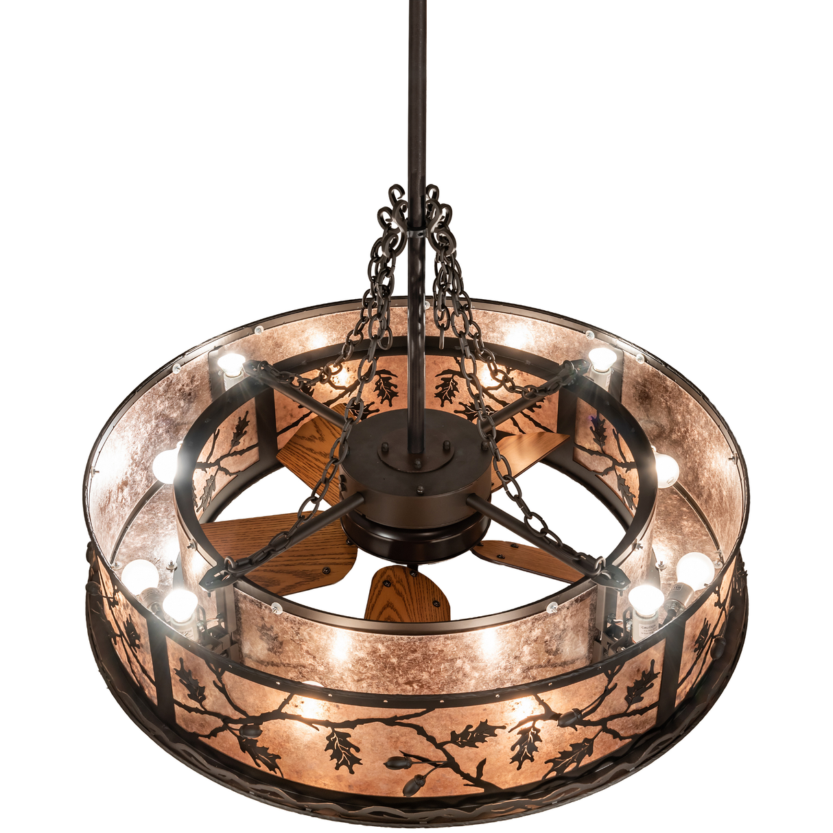 Top angled lit view revealing fan and inner light arrangement.