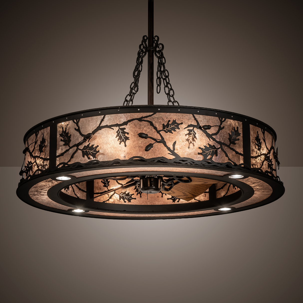 Oak Leaf & Acorn Chandel-Air softly glowing in ambient room light.