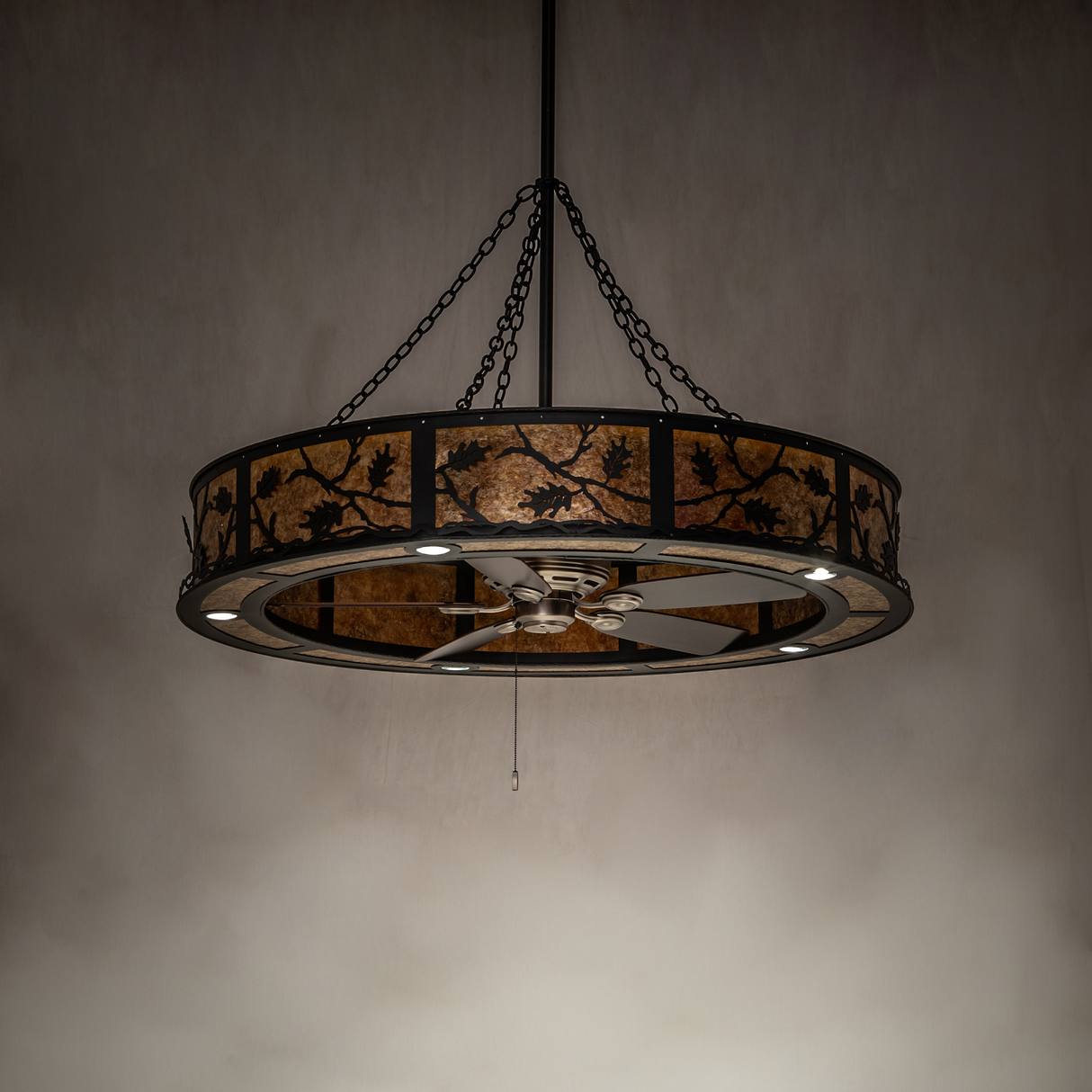 Oak Leaf Chandel-Air unlit in ambient room light, emphasizing handcrafted oak leaf detailing.