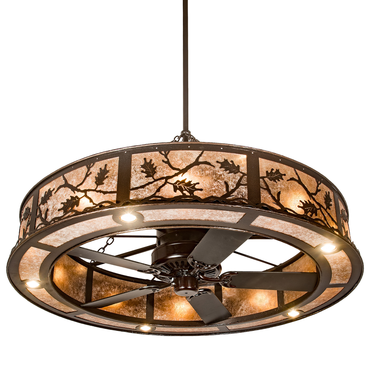 Bottom angled lit view with fan blades and circular illumination.