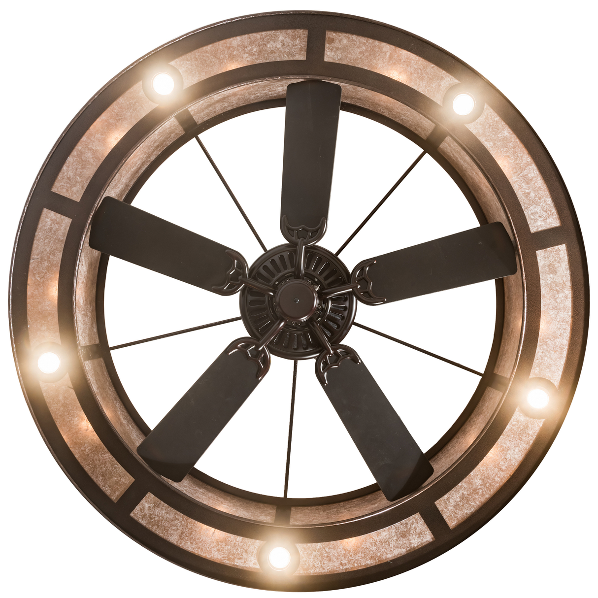 Bottom lit view highlighting integrated fan and bronze detailing.