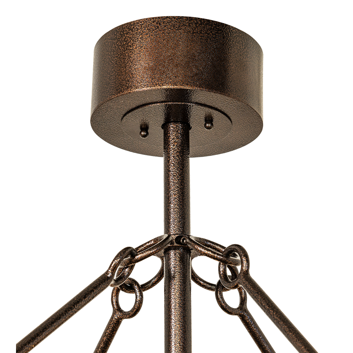 Ceiling canopy and support chain detail in warm Copper Vein finish.