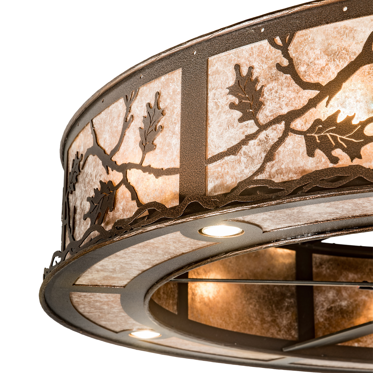 Close-up of handcrafted oak leaf cutouts on mica diffuser.