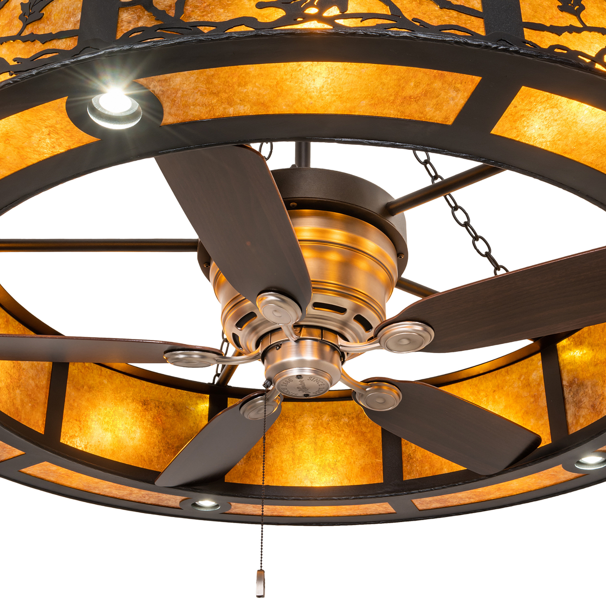 Close-up of Oak Leaf Chandel-Air fan and lighting details with amber glow.