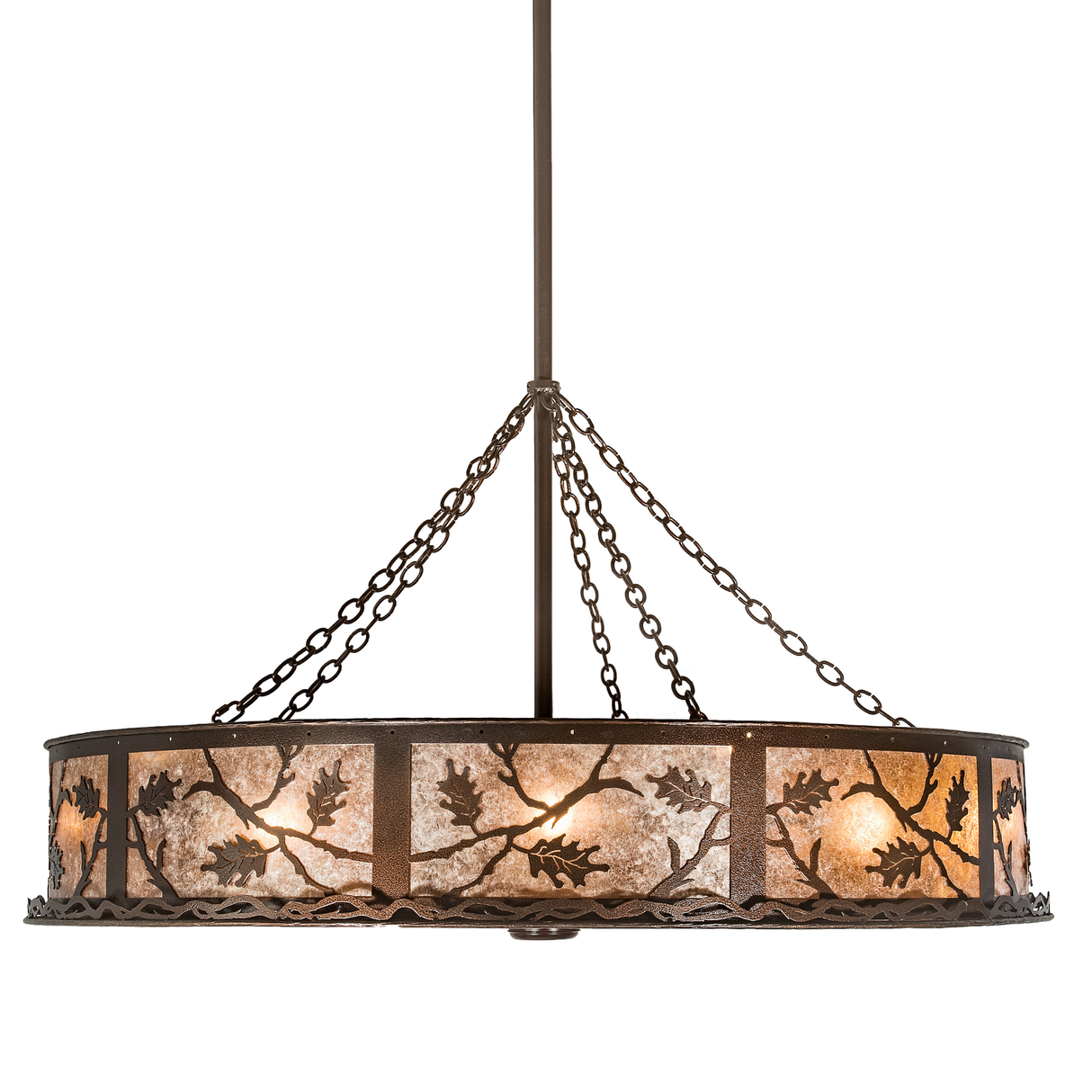 Side lit view displaying oak leaf silhouettes and glowing mica panels.