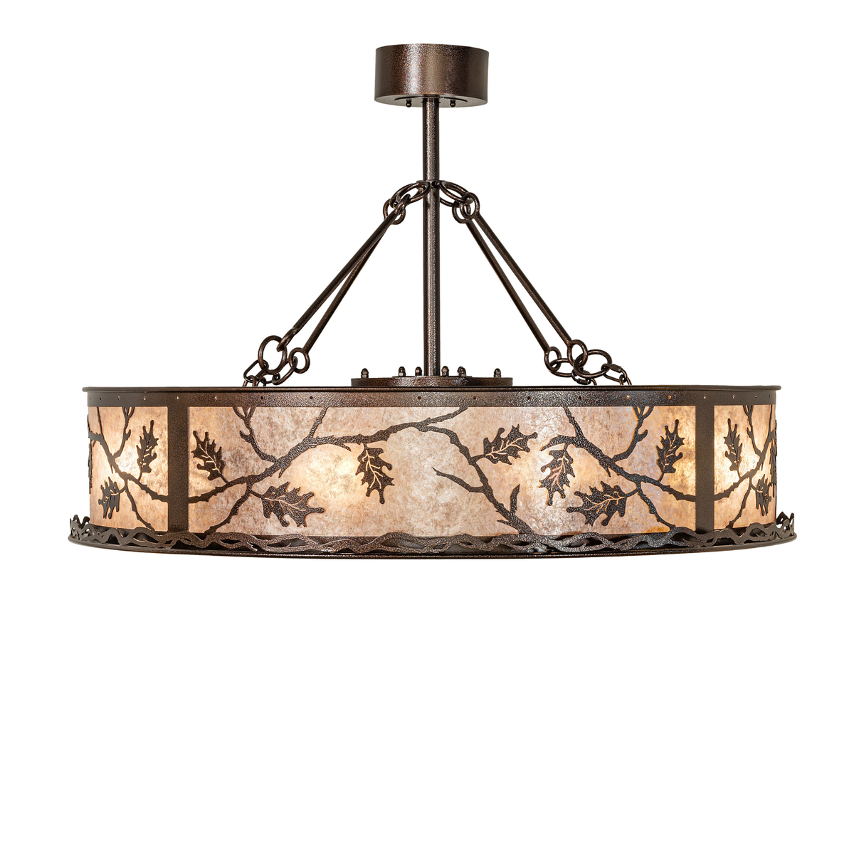 Side profile of handcrafted Oak Leaf chandelier fan with mica panels.