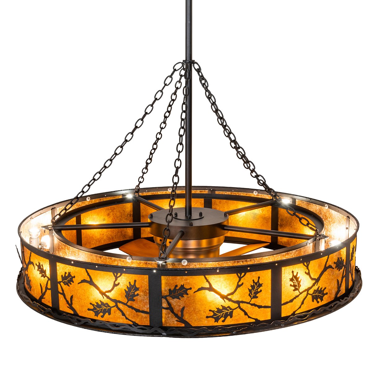Oak Leaf Chandel-Air top angle showing chain support and lit mica diffuser.