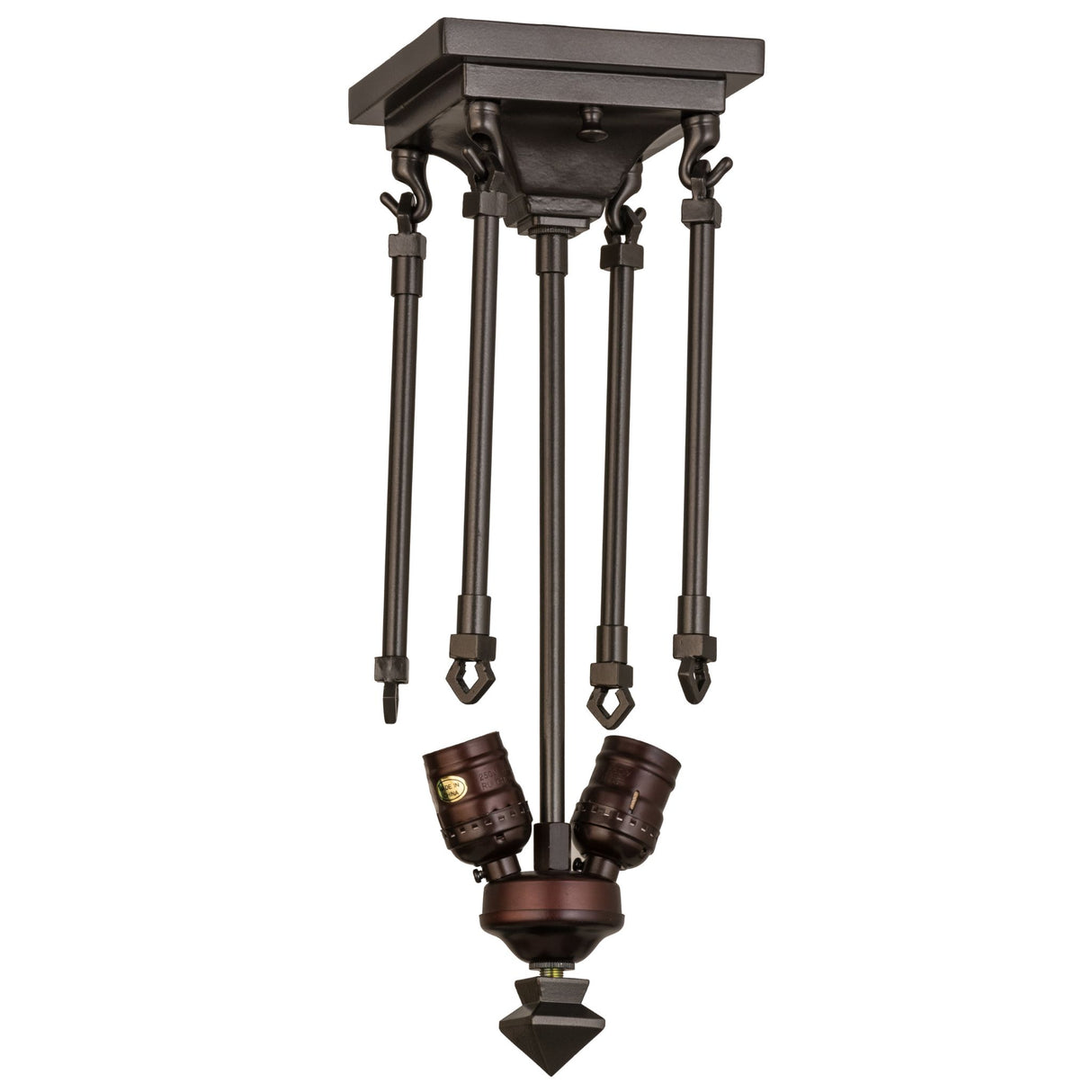 Oil rubbed bronze semi-flushmount hardware with two light sockets and adjustable rods.