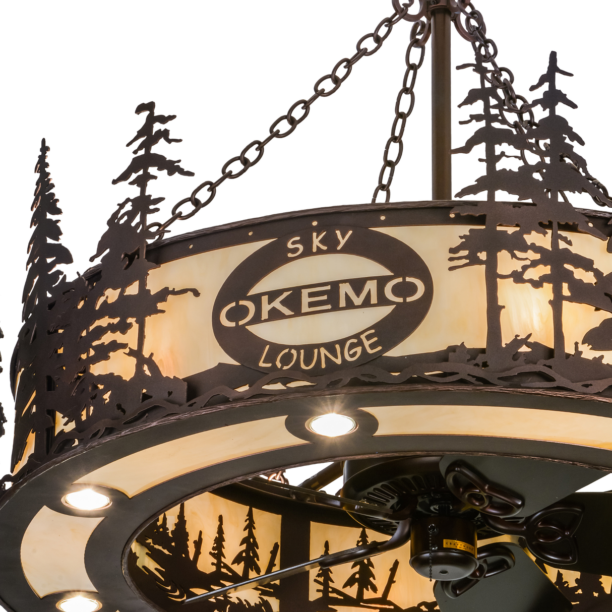 Closeup of Okemo Sky Lounge Chandel-Air logo and illuminated details.