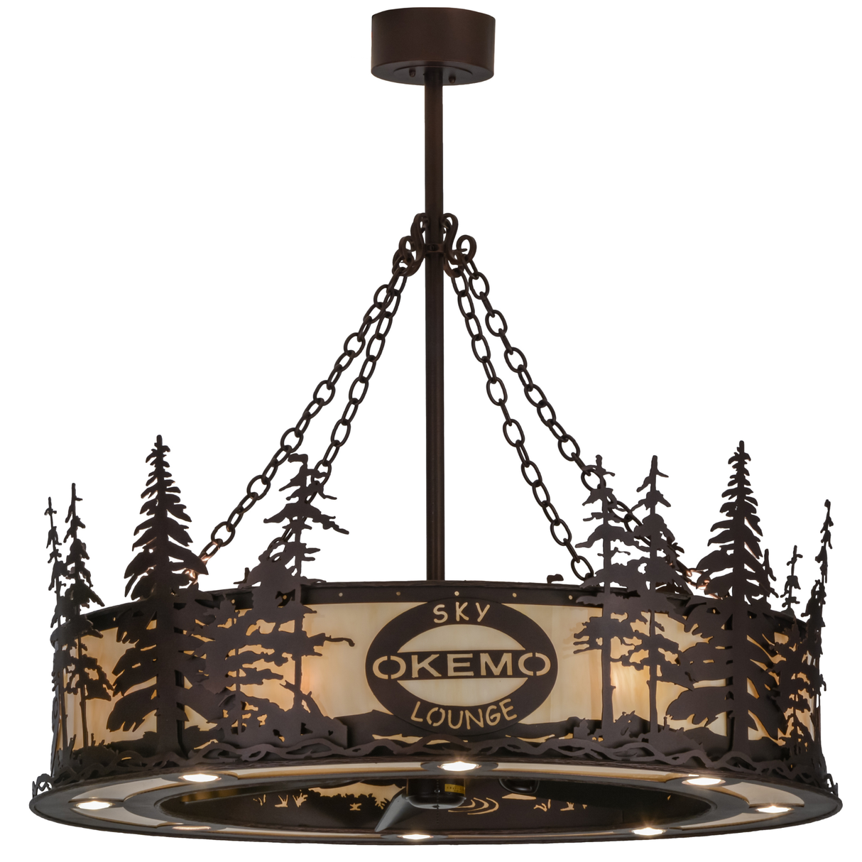 Lit angled view of Okemo Sky Lounge Chandel-Air with pine tree design.